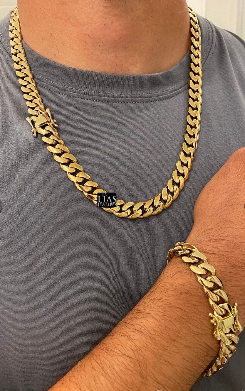 New 14k yellow gold filled cuban link chain and bracelet set